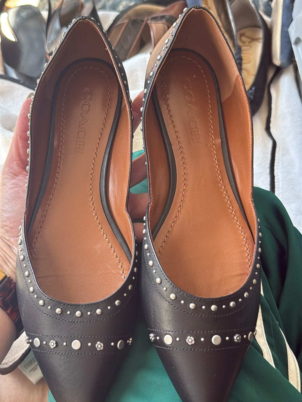 COACH Black Studded Pointed-Toe Leather Flats